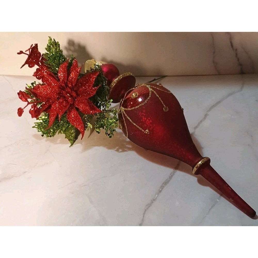 Frontgate 9" Glass Red & Gold‎ Finial Glitter Christmas Ornament Holiday Tree